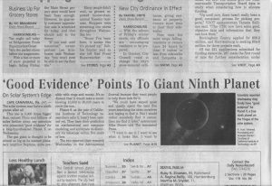 Newspaper clip about evidence of a giant 9th Planet.