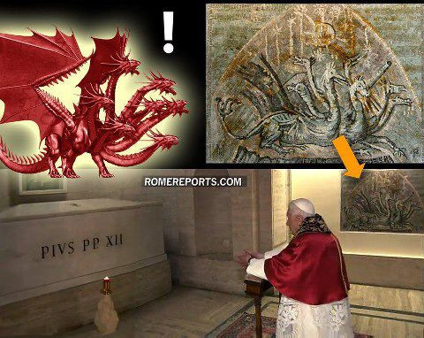 Pope kneeling before an altar with a murial of a dragon on the wall to his right.