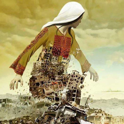 Image of a woman in Palestinian dress rising from the rubble or a destroyed building.