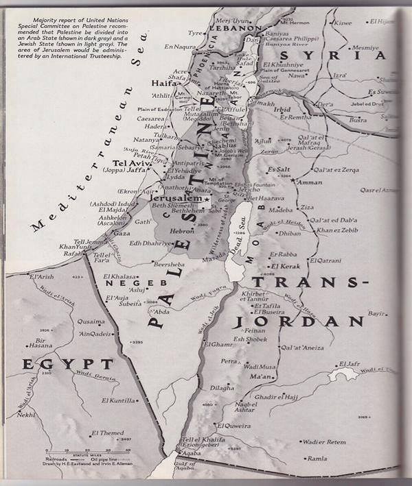 1947 Palestine Map showing proposed division by the United Nations.
