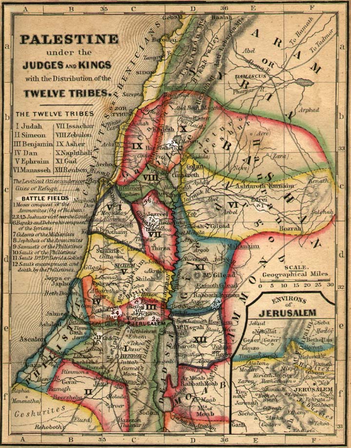 Map of the distribution of the 12 tribes in Palestine during the time of the Scripture books of Judges and Kings.