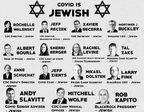 Chart with pictures of Jewish people involved in the Covid plandemic
