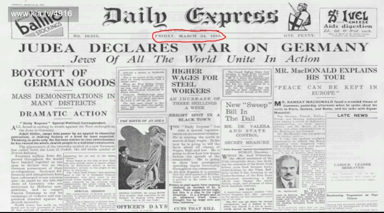 Daily Express Newspaper with Judea declaring war on Germany in the headlinds (Friday March 24, 1933)