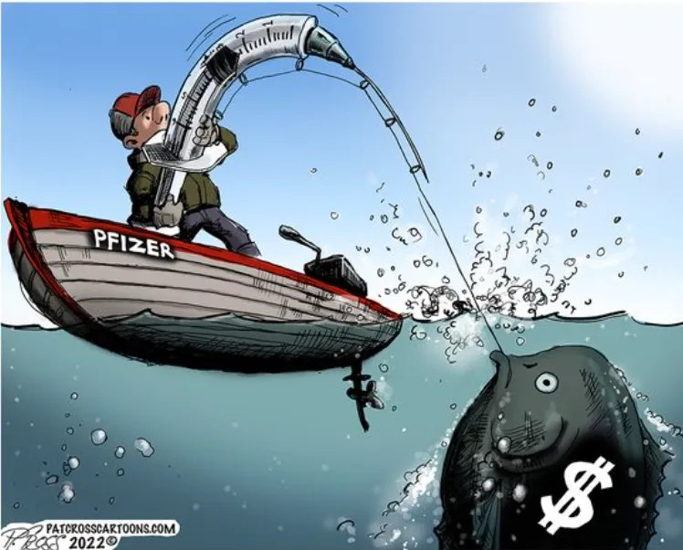Cartoon of Pfizer fisherman, using a vaccine fishing rod, reeling in a big fish with a dollar sign $ on it.