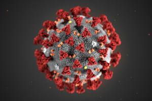 A round grey Covid Virus with red spike proteins on a black background.