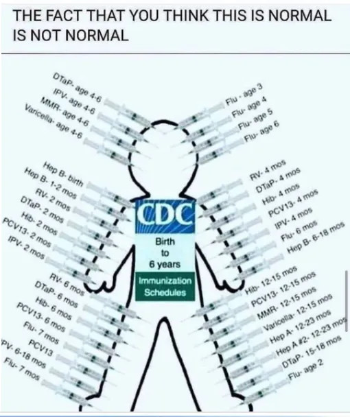 Cartoon of child with dozens of vaccines sticking out of it, that reads, the fact that you think is normal is not normal.