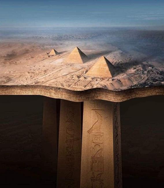 Pyramids in the desert with massive structures shown underneath.