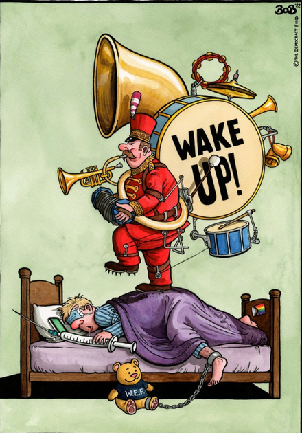 A one man band standing on a man sleeping in a bed with a WEF shackle around his ankle.