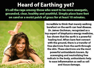 A meme explaining earthing with a picture of a smiling woman lying on the grass.