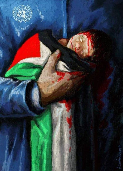 Body shot of someone in a blue robe with a UN sticker on the breast holding a dead, bloody child wrapped in a Palestinian flag.