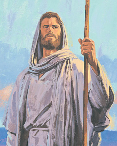 A first century shephard holding a staff.