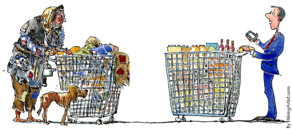 A cartoon of an old woman in rags pushing a shopping cart containing everything she owns, meeting a well dressed man in a suit pushing a shopping cart full of food while talking on a cell phone.