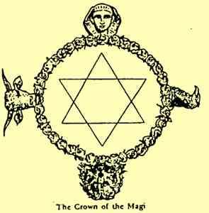 A 6 sided star surrounded by a wreath with the image of a pharoah head at the top of the wreath, an eagles head to the east, a bears head to the south, and an ox head to the west.