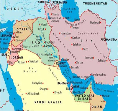 Map of Iran and surrounding countries.