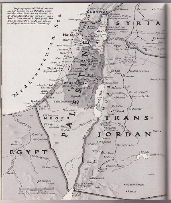 1947 Palestine Map showing proposed division by the United Nations.