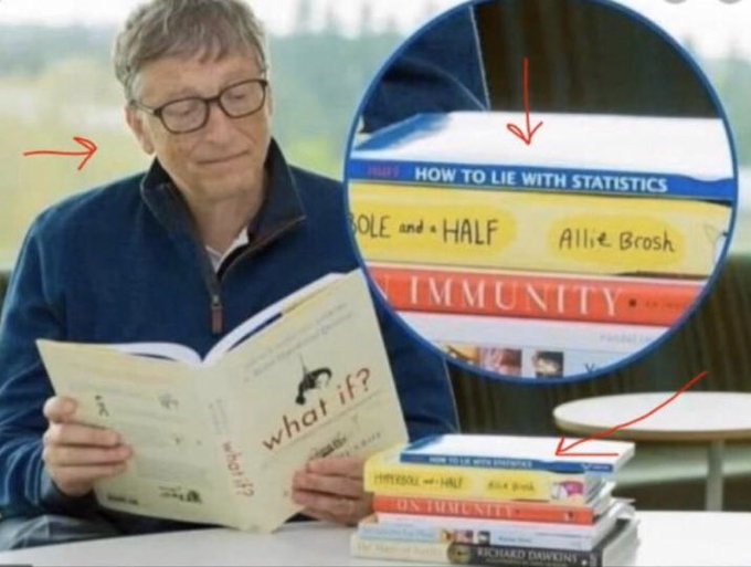 Bill Gates with a stack of books, one of which is titled, How To Lie With Statistics