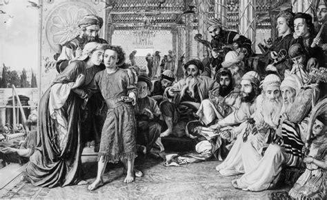 Etching of the young Messiah in the temple with the priests and pharisees gathered around him.