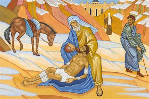 Painting of an old man tending to an injured man portraying the good Samaritan