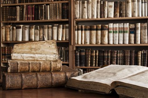 A library shelf filled with ancient books.